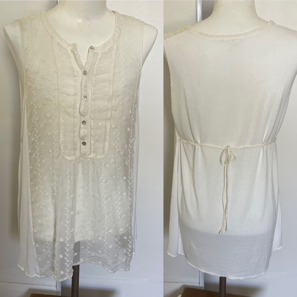 Anthropologie / Tiny Lace Sheer Front Embroider Button Down Sleeveless Tunic